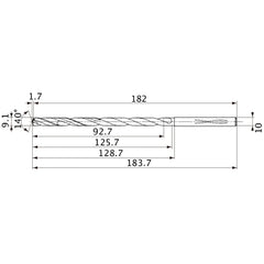 MVS0910X10S100 DP1020 9.1 mm Dia. × 10 mm Shank × 125.7 mm Flute Length × 183.7 mm OAL, 140°, 2 Flute, Coolant Thru, Solid Carbide Drill