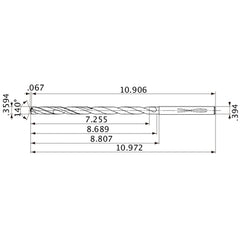 MVS0913X20S100 DP1020 0.3594″ Dia. × 0.394″ Shank × 8.689″ Flute Length × 10.972″ OAL, 140°, 2 Flute, Coolant Thru, Solid Carbide Drill