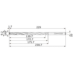 MVS0920X15S100 DP1020 9.2 mm Dia. × 10 mm Shank × 172.7 mm Flute Length × 230.7 mm OAL, 140°, 2 Flute, Coolant Thru, Solid Carbide Drill