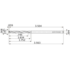 MVS0935X02S100PL DP1020 0.368″ Dia. × 0.394″ Shank × 1.634″ Flute Length × 3.563″ OAL, 145°, 2 Flute, Coolant Thru, Solid Carbide Drill