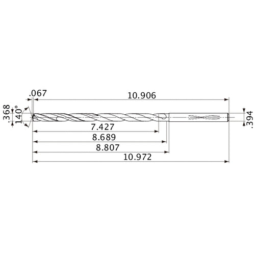 MVS0935X20S100 DP1020 0.368″ Dia. × 0.394″ Shank × 8.689″ Flute Length × 10.972″ OAL, 140°, 2 Flute, Coolant Thru, Solid Carbide Drill