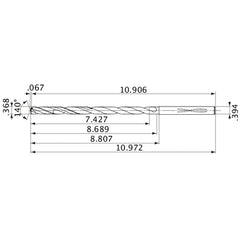 MVS0935X20S100 DP1020 0.368″ Dia. × 0.394″ Shank × 8.689″ Flute Length × 10.972″ OAL, 140°, 2 Flute, Coolant Thru, Solid Carbide Drill