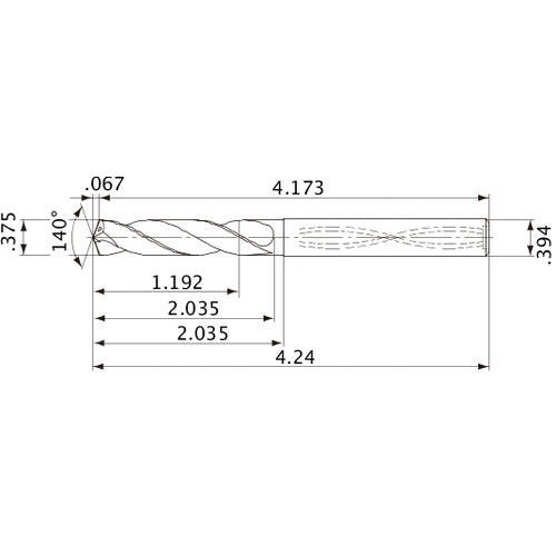 MVS0953X03S100 DP1020 3/8″ Dia. × 0.394″ Shank × 2.035″ Flute Length × 4.24″ OAL, 140°, 2 Flute, Coolant Thru, Solid Carbide Drill