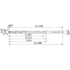 MVS0953X20S100 DP1020 3/8″ Dia. × 0.394″ Shank × 9.122″ Flute Length × 11.406″ OAL, 140°, 2 Flute, Coolant Thru, Solid Carbide Drill