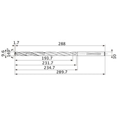 MVS0960X20S100 DP1020 9.6 mm Dia. × 10 mm Shank × 231.7 mm Flute Length × 289.7 mm OAL, 140°, 2 Flute, Coolant Thru, Solid Carbide Drill