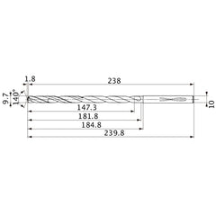 MVS0970X15S100 DP1020 9.7 mm Dia. × 10 mm Shank × 181.8 mm Flute Length × 239.8 mm OAL, 140°, 2 Flute, Coolant Thru, Solid Carbide Drill