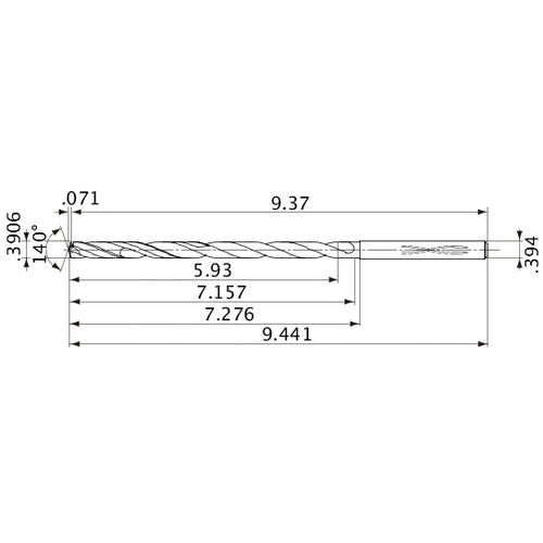 MVS0992X15S100 DP1020 0.3906″ Dia. × 0.394″ Shank × 7.157″ Flute Length × 9.441″ OAL, 140°, 2 Flute, Coolant Thru, Solid Carbide Drill