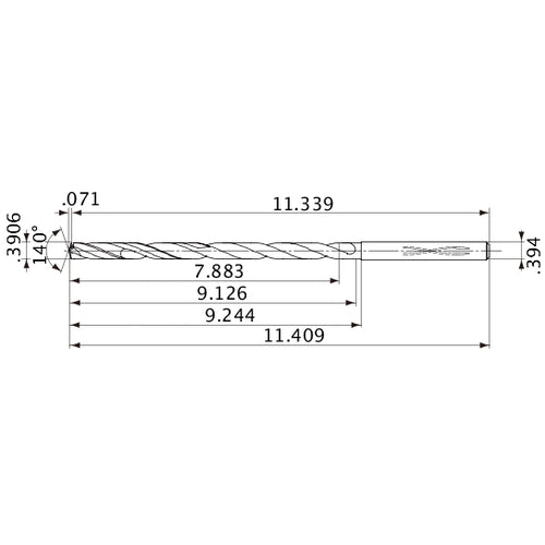 MVS0992X20S100 DP1020 0.3906″ Dia. × 0.394″ Shank × 9.126″ Flute Length × 11.409″ OAL, 140°, 2 Flute, Coolant Thru, Solid Carbide Drill