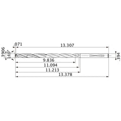 MVS0992X25S100 DP1020 0.3906″ Dia. × 0.394″ Shank × 11.094″ Flute Length × 13.378″ OAL, 140°, 2 Flute, Coolant Thru, Solid Carbide Drill
