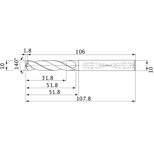 MVS1000X03S100 DP1020 10 mm Dia. × 10 mm Shank × 51.8 mm Flute Length × 107.8 mm OAL, 140°, 2 Flute, Coolant Thru, Solid Carbide Drill