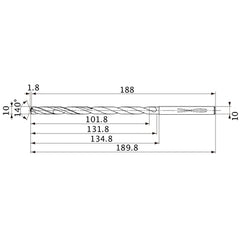 MVS1000X10S100 DP1020 10 mm Dia. × 10 mm Shank × 131.8 mm Flute Length × 189.8 mm OAL, 140°, 2 Flute, Coolant Thru, Solid Carbide Drill