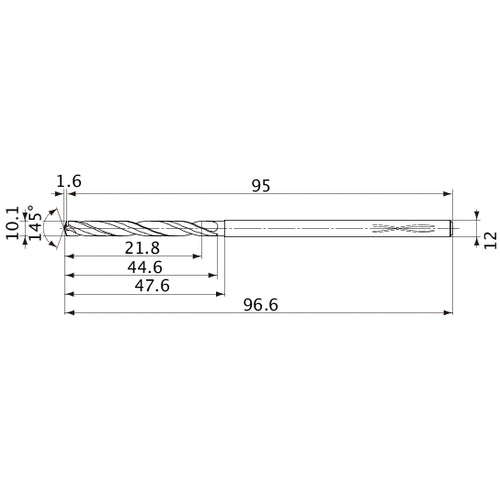 MVS1010X02S120PL DP1020 10.1 mm Dia. × 12 mm Shank × 44.6 mm Flute Length × 96.6 mm OAL, 145°, 2 Flute, Coolant Thru, Solid Carbide Drill