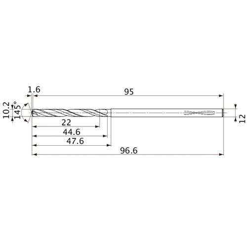 MVS1020X02S120PL DP1020 10.2 mm Dia. × 12 mm Shank × 44.6 mm Flute Length × 96.6 mm OAL, 145°, 2 Flute, Coolant Thru, Solid Carbide Drill