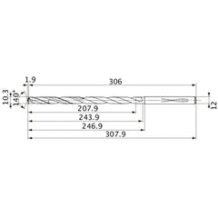 MVS1030X20S120 DP1020 10.3 mm Dia. × 12 mm Shank × 243.9 mm Flute Length × 307.9 mm OAL, 140°, 2 Flute, Coolant Thru, Solid Carbide Drill