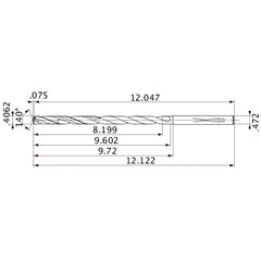 MVS1032X20S120 DP1020 0.4062″ Dia. × 0.472″ Shank × 9.602″ Flute Length × 12.122″ OAL, 140°, 2 Flute, Coolant Thru, Solid Carbide Drill