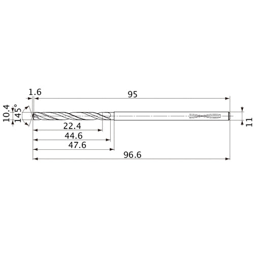 MVS1040X02S110PL DP1020 10.4 mm Dia. × 11 mm Shank × 44.6 mm Flute Length × 96.6 mm OAL, 145°, 2 Flute, Coolant Thru, Solid Carbide Drill