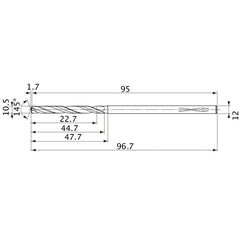 MVS1050X02S120PL DP1020 10.5 mm Dia. × 12 mm Shank × 44.7 mm Flute Length × 96.7 mm OAL, 145°, 2 Flute, Coolant Thru, Solid Carbide Drill