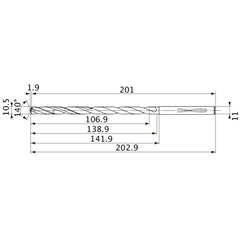MVS1050X10S110 DP1020 10.5 mm Dia. × 11 mm Shank × 138.9 mm Flute Length × 202.9 mm OAL, 140°, 2 Flute, Coolant Thru, Solid Carbide Drill