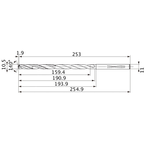 MVS1050X15S110 DP1020 10.5 mm Dia. × 11 mm Shank × 190.9 mm Flute Length × 254.9 mm OAL, 140°, 2 Flute, Coolant Thru, Solid Carbide Drill