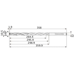 MVS1050X25S120 DP1020 10.5 mm Dia. × 12 mm Shank × 295.9 mm Flute Length × 359.9 mm OAL, 140°, 2 Flute, Coolant Thru, Solid Carbide Drill