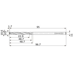 MVS1060X02S110PL DP1020 10.6 mm Dia. × 11 mm Shank × 48.7 mm Flute Length × 96.7 mm OAL, 145°, 2 Flute, Coolant Thru, Solid Carbide Drill