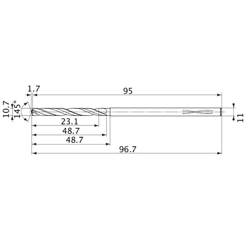 MVS1070X02S110PL DP1020 10.7 mm Dia. × 11 mm Shank × 48.7 mm Flute Length × 96.7 mm OAL, 145°, 2 Flute, Coolant Thru, Solid Carbide Drill