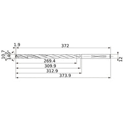 MVS1070X25S120 DP1020 10.7 mm Dia. × 12 mm Shank × 309.9 mm Flute Length × 373.9 mm OAL, 140°, 2 Flute, Coolant Thru, Solid Carbide Drill