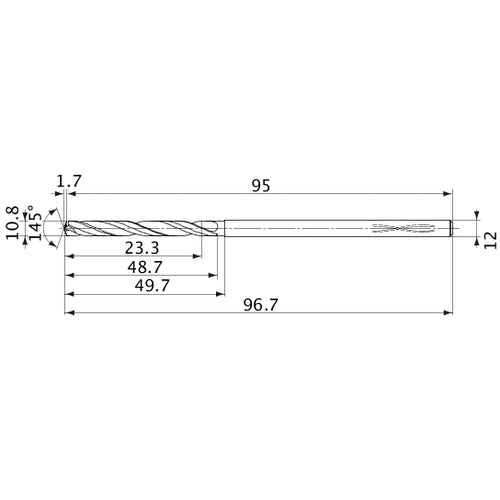 MVS1080X02S120PL DP1020 10.8 mm Dia. × 12 mm Shank × 48.7 mm Flute Length × 96.7 mm OAL, 145°, 2 Flute, Coolant Thru, Solid Carbide Drill