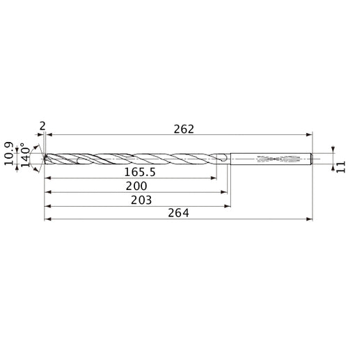 MVS1090X15S110 DP1020 10.9 mm Dia. × 11 mm Shank × 200 mm Flute Length × 264 mm OAL, 140°, 2 Flute, Coolant Thru, Solid Carbide Drill