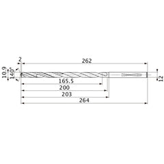 MVS1090X15S120 DP1020 10.9 mm Dia. × 12 mm Shank × 200 mm Flute Length × 264 mm OAL, 140°, 2 Flute, Coolant Thru, Solid Carbide Drill