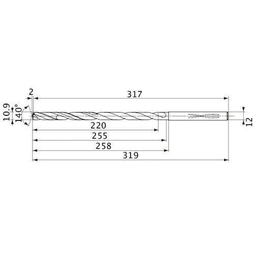 MVS1090X20S120 DP1020 10.9 mm Dia. × 12 mm Shank × 255 mm Flute Length × 319 mm OAL, 140°, 2 Flute, Coolant Thru, Solid Carbide Drill