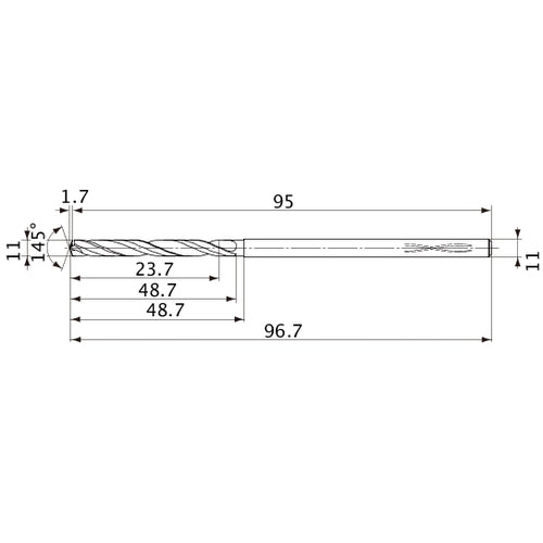 MVS1100X02S110PL DP1020 11 mm Dia. × 11 mm Shank × 48.7 mm Flute Length × 96.7 mm OAL, 145°, 2 Flute, Coolant Thru, Solid Carbide Drill