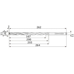 MVS1100X15S110 DP1020 11 mm Dia. × 11 mm Shank × 200 mm Flute Length × 264 mm OAL, 140°, 2 Flute, Coolant Thru, Solid Carbide Drill