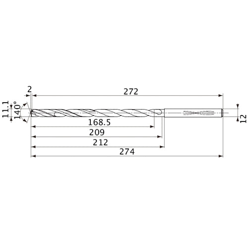 MVS1110X15S120 DP1020 11.1 mm Dia. × 12 mm Shank × 209 mm Flute Length × 274 mm OAL, 140°, 2 Flute, Coolant Thru, Solid Carbide Drill
