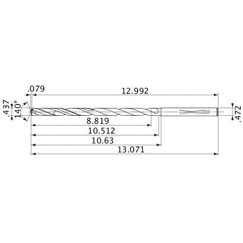 MVS1111X20S120 DP1020 0.437″ Dia. × 0.472″ Shank × 10.512″ Flute Length × 13.071″ OAL, 140°, 2 Flute, Coolant Thru, Solid Carbide Drill