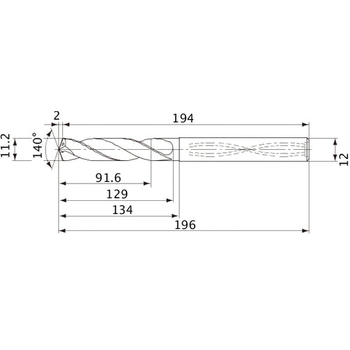 MVS1120X08S120 DP1020 11.2 mm Dia. × 12 mm Shank × 129 mm Flute Length × 196 mm OAL, 140°, 2 Flute, Coolant Thru, Solid Carbide Drill