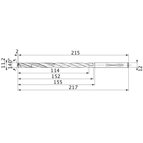 MVS1120X10S120 DP1020 11.2 mm Dia. × 12 mm Shank × 152 mm Flute Length × 217 mm OAL, 140°, 2 Flute, Coolant Thru, Solid Carbide Drill