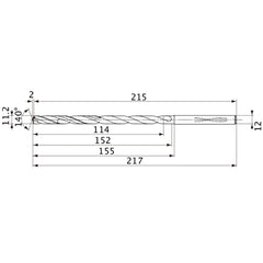 MVS1120X10S120 DP1020 11.2 mm Dia. × 12 mm Shank × 152 mm Flute Length × 217 mm OAL, 140°, 2 Flute, Coolant Thru, Solid Carbide Drill