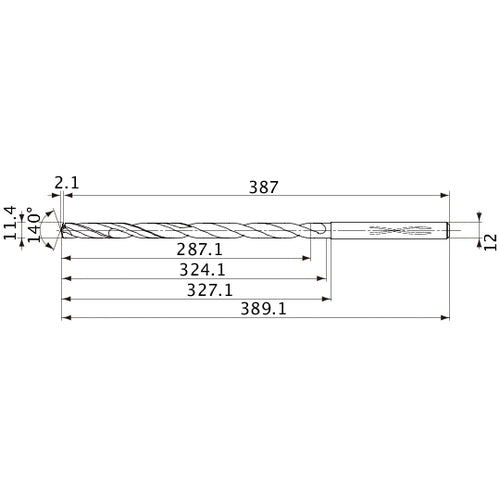 MVS1140X25S120 DP1020 11.4 mm Dia. × 12 mm Shank × 324.1 mm Flute Length × 389.1 mm OAL, 140°, 2 Flute, Coolant Thru, Solid Carbide Drill