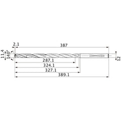 MVS1140X25S120 DP1020 11.4 mm Dia. × 12 mm Shank × 324.1 mm Flute Length × 389.1 mm OAL, 140°, 2 Flute, Coolant Thru, Solid Carbide Drill
