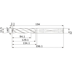 MVS1150X08S120 DP1020 11.5 mm Dia. × 12 mm Shank × 129.1 mm Flute Length × 196.1 mm OAL, 140°, 2 Flute, Coolant Thru, Solid Carbide Drill