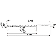 MVS1151X10S120 DP1020 0.4531″ Dia. × 0.472″ Shank × 6.224″ Flute Length × 8.783″ OAL, 140°, 2 Flute, Coolant Thru, Solid Carbide Drill