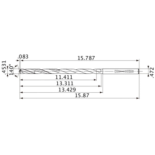 MVS1151X25S120 DP1020 0.4531″ Dia. × 0.472″ Shank × 13.311″ Flute Length × 15.87″ OAL, 140°, 2 Flute, Coolant Thru, Solid Carbide Drill