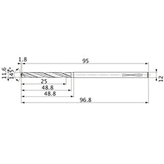 MVS1160X02S120PL DP1020 11.6 mm Dia. × 12 mm Shank × 48.8 mm Flute Length × 96.8 mm OAL, 145°, 2 Flute, Coolant Thru, Solid Carbide Drill