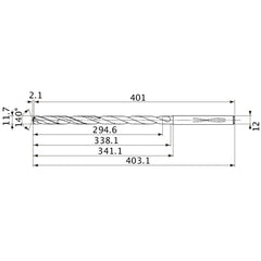MVS1170X25S120 DP1020 11.7 mm Dia. × 12 mm Shank × 338.1 mm Flute Length × 403.1 mm OAL, 140°, 2 Flute, Coolant Thru, Solid Carbide Drill