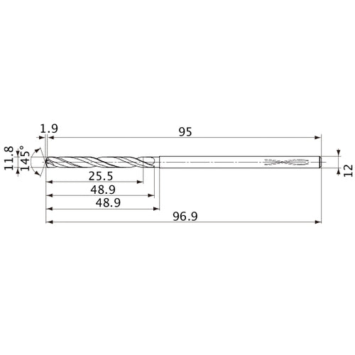 MVS1180X02S120PL DP1020 11.8 mm Dia. × 12 mm Shank × 48.9 mm Flute Length × 96.9 mm OAL, 145°, 2 Flute, Coolant Thru, Solid Carbide Drill