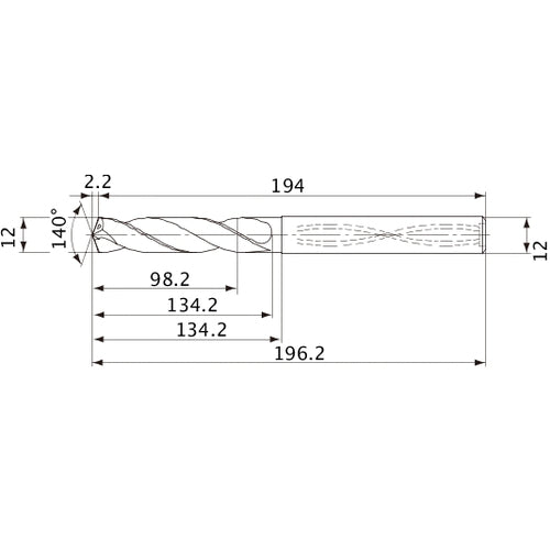 MVS1200X08S120 DP1020 12 mm Dia. × 12 mm Shank × 134.2 mm Flute Length × 196.2 mm OAL, 140°, 2 Flute, Coolant Thru, Solid Carbide Drill