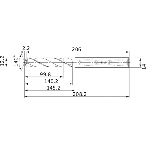 MVS1220X08S140 DP1020 12.2 mm Dia. × 14 mm Shank × 140.2 mm Flute Length × 208.2 mm OAL, 140°, 2 Flute, Coolant Thru, Solid Carbide Drill