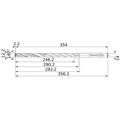 MVS1220X20S140 DP1020 12.2 mm Dia. × 14 mm Shank × 290.2 mm Flute Length × 356.2 mm OAL, 140°, 2 Flute, Coolant Thru, Solid Carbide Drill