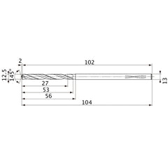 MVS1250X02S130PL DP1020 12.5 mm Dia. × 13 mm Shank × 53 mm Flute Length × 104 mm OAL, 145°, 2 Flute, Coolant Thru, Solid Carbide Drill